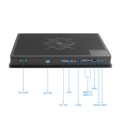 PC industriale con pannello da 12-36V di tensione in ingresso, touchscreen e interfaccia USB/RJ45/COM/VGA/HD MI/DC12V